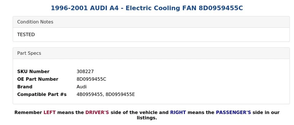 1996-2001 AUDI A4 - Electric Cooling FAN 8D0959455C Foto 4 de 4