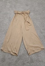 Khaki Gaucho Culotte Palazzo Pants Tan Beige High Rise Paperbag Waist Belt Tie
