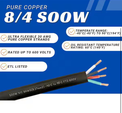 25 ft 8/4 SOOW SOO SO Black Rubber Cord Outdoor Flexible Extension Wire/Cable