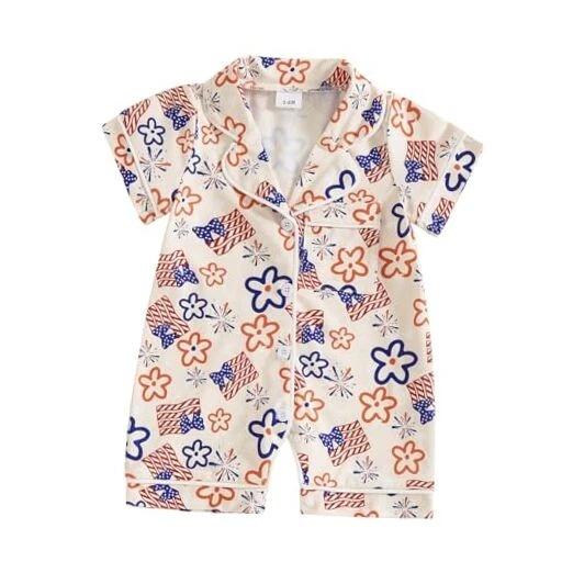 Newborn Summer Pajamas Baby Boy Girl Button Down 0-3 Months Usa Flag&white