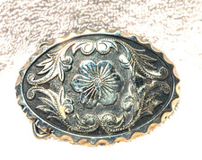 Silver Engraved Flower Belt Buckle Black Edge Leaves Side Oval Great Shape