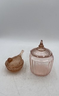 Pink Glass Decorative Cookie Jar And Bird Trinket Candy Dish Lot Of 2