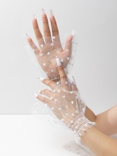 White Sheer Heart Print Fingerless Gloves One Size Valentine Accessory