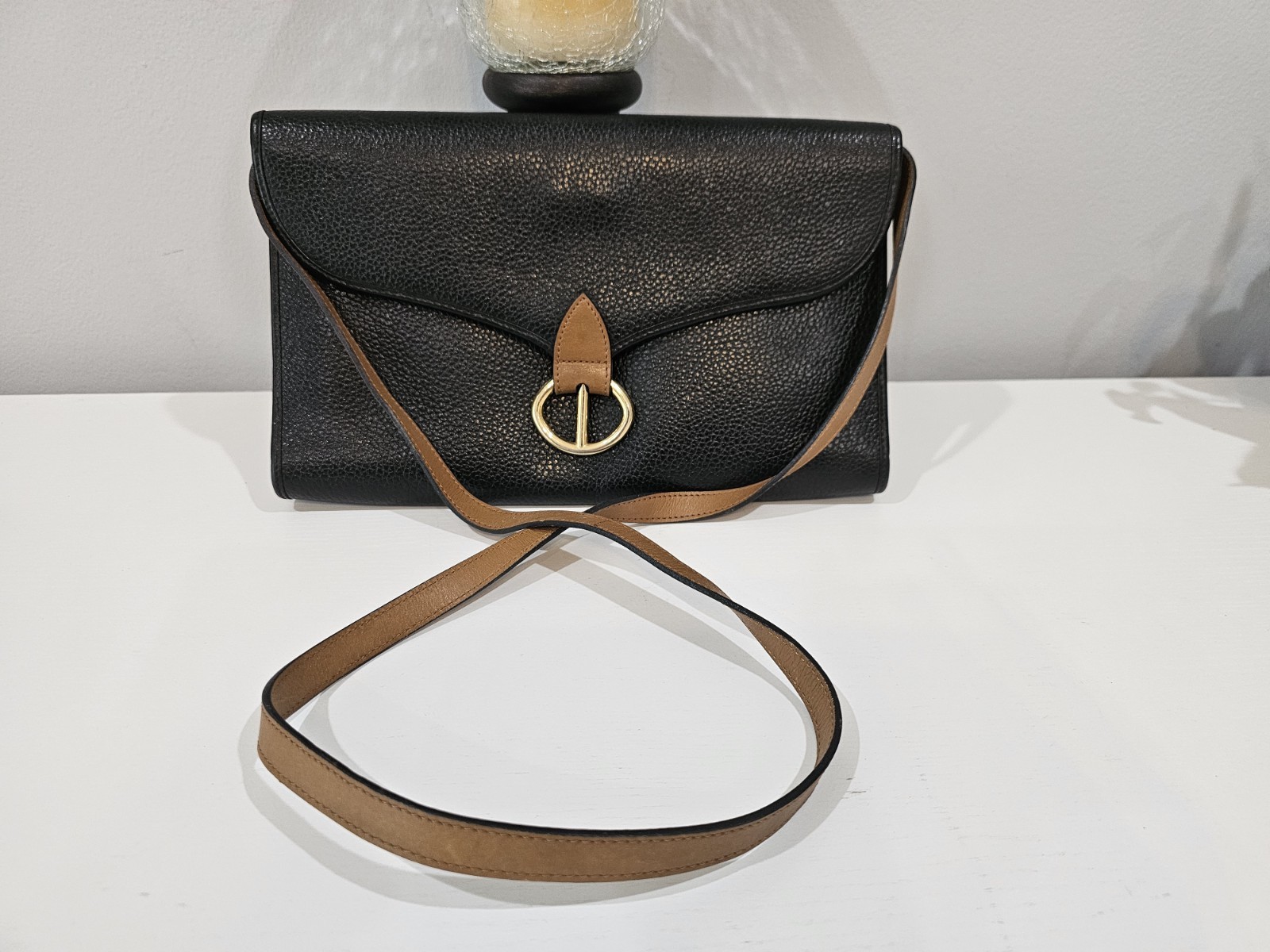 Christian DIOR Vintage Black Leather Crossbody Bag with Gold Hardware