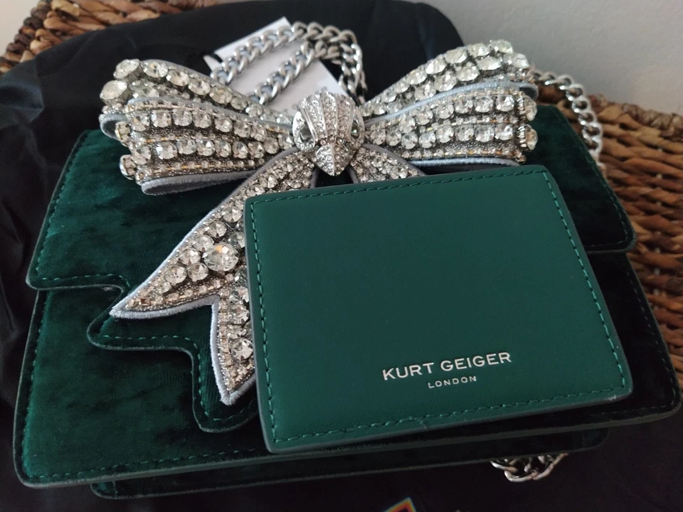 Kurt Geiger Shoreditch Green Velvet Bag Embellished Crystal Bow NEW - Image 3 of 4