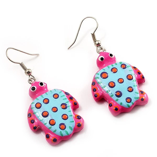 Funky Wooden Turtle Drop Earrings (Deep Pink & Light Blue ) - 4.5cm Length - Image 2 of 4