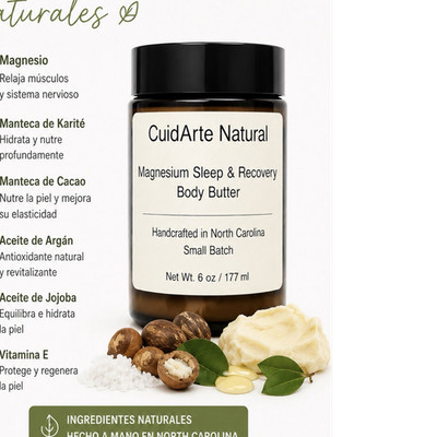 CuidArte Natural Magnesium + Vitamin E Handcrafted Body Butter Moisturizer 6oz