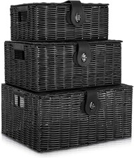Set of 3 Woven Storage Basket Box Wicker Hamper Stackable Bin with Lid  Lock...
