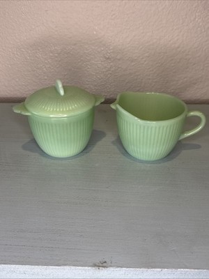 Vtg Fire King Jadeite Jane Ray Ribbed Creamer & Sugar Bowl w LID Set Made in USA