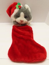 Cat Kitten Plush Christmas Stocking Red Gray White 21" D4486