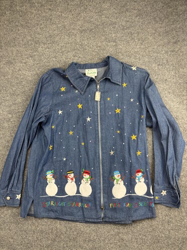 Quacker Factory Jacket Womens Large Snowman Star Embroidered Denim Christmas