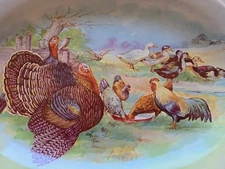 VINTAGE DRESDEN CHINA PLATTER  TURKEYS CHICKENS DUCKS & BIRDS GC 