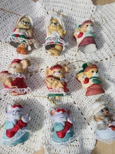 Lot of 9 Vintage JASCO CARING CRITTER CHIMERS Bisque Porcelain Bell Ornaments