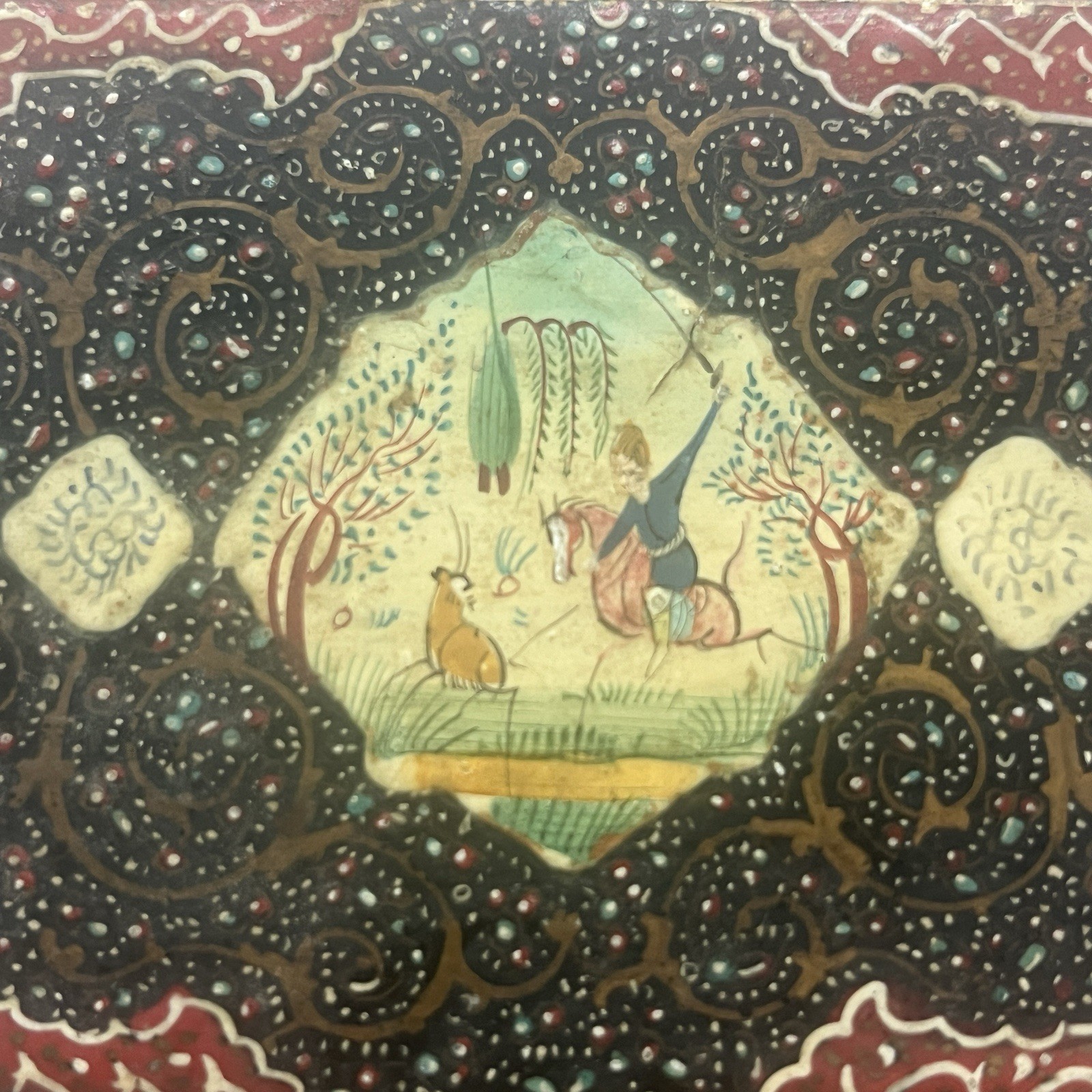 Vintage Persian Khatam Inlaid Micro Mosaic Jewelry box hand Painted 5’’ X 4.5’’