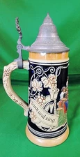 Germany Made Beer Stein Mug w/ Pewter Lid Hunter with Fox Cubs