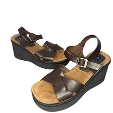 Vintage 90s Candie's Brown Leather Chunky Platform Wedge Sandals Size 10