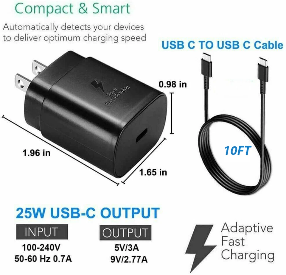 Cable cargador de pared súper rápido USB-C de 25 W de 10 pies para Samsung Galaxy S21 S22 S23 S24 Foto 2 de 4