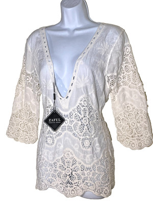 ZAFUL womens large antique off white Embroidered lace swimsuit cover beach tunic