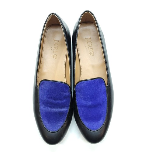 J Crew Flats Women 6 Blue Black Leather Fur Loafers Career Preppy - Picture 2 of 8