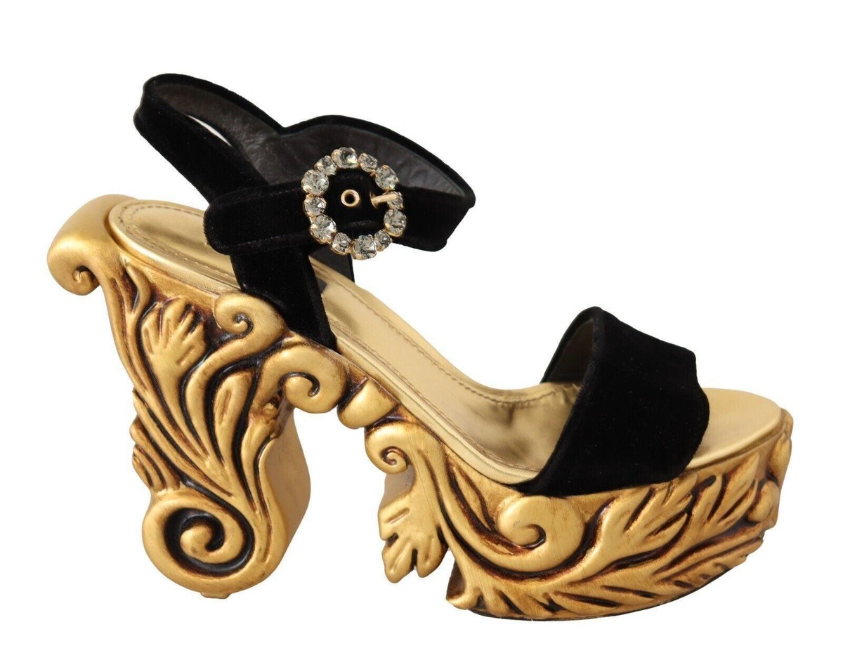 DOLCE&GABBANA マヨルカ ヒール Dolce & Gabbana Black Gold Baroque Velvet Heels Crystal