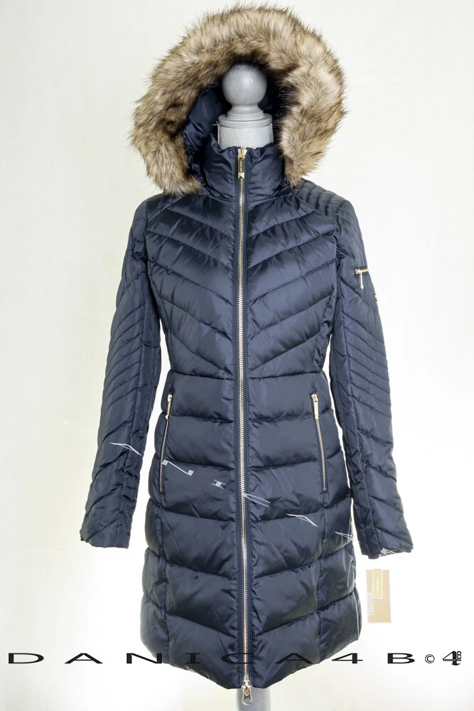 Cappotto tampone Michael Kors donna finiture in pelliccia sintetica con cappuccio trapuntato S blu navy