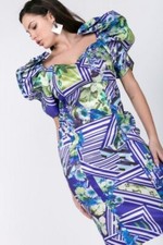 Puff Sleeve Bodycon Print Dress Purple Green Blue