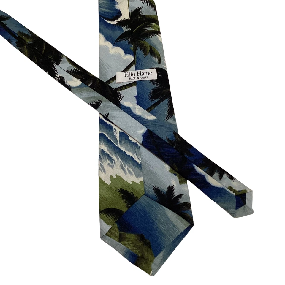 HILO HATTIE Men's Cotton Necktie HAWAII Designer TREES OCEN Blue/Green EUC Rare Foto 3 de 3