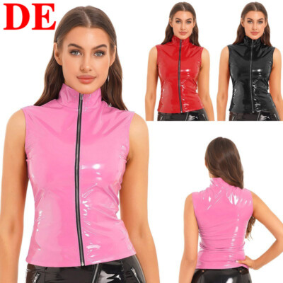 DE Damen Wetlook Crop Top Lackleder Weste Ärmellos Tanktop Slim Fit Oberteil