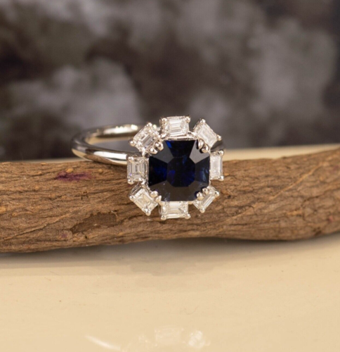 SALE‼️2.69 Carat Blue Sapphire w/.72 CTW Diamond Ring 18k White Gold R306 - Picture 1 of 8