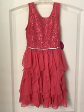 Emily West Girls 10 Coral Formal Dress Lace Chiffon Sparkly Glitter Bow Easter