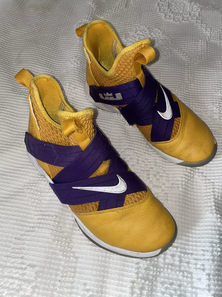 NIKE BY YOU LeBron Soldier 12 Mens 7.5 High Top Basketball Purple Yellow Used