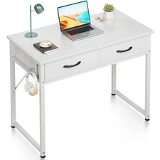 ODK Small Desk with Fabric Drawers- for Bedroom, White Vanity Desk with Storage,