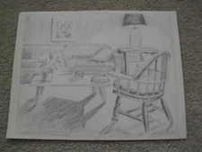 Unique Vintage Original Pencil Drawing of a Living Room with Furniture