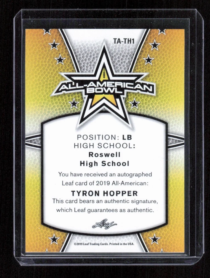 2019 Leaf Army All-American Bowl #TA-TH1 Tyron Hopper Red Auto #'d /5 - Image 2 of 2