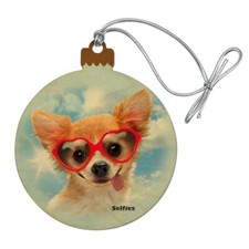 Chihuahua Dog Heart Glasses Selfie Wood Christmas Tree Holiday Ornament
