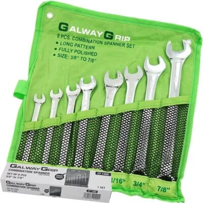 Galway Grip 8pc Long Fully Polished Imperial Combination Spanner Wrench Set