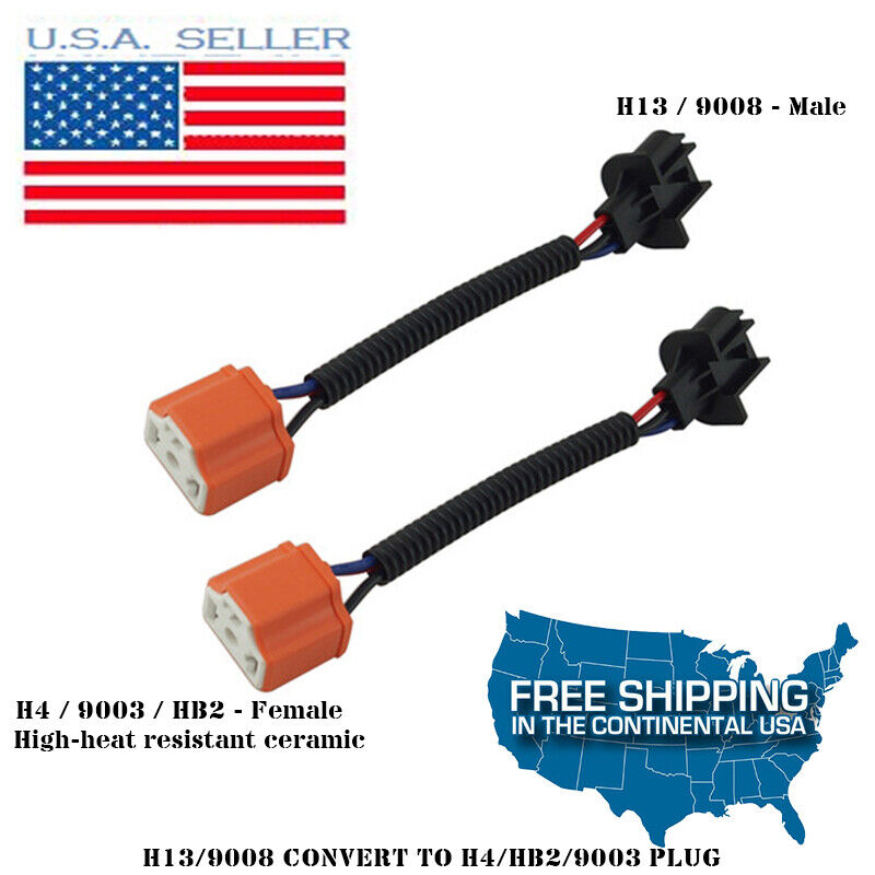 2pc H13 9008 to H4 9003 HB2 Ceramic Adapter Headlight Conversion Cable LED  Light