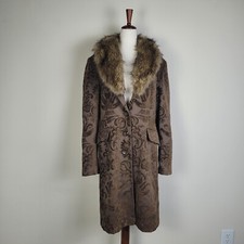 Giacca Coat Womens Large Brown Tapestry Jacquard Faux Fur Trim Evening