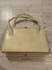 Vtg Cream Vinyl Double Handle Purse With Gold Toned Accents