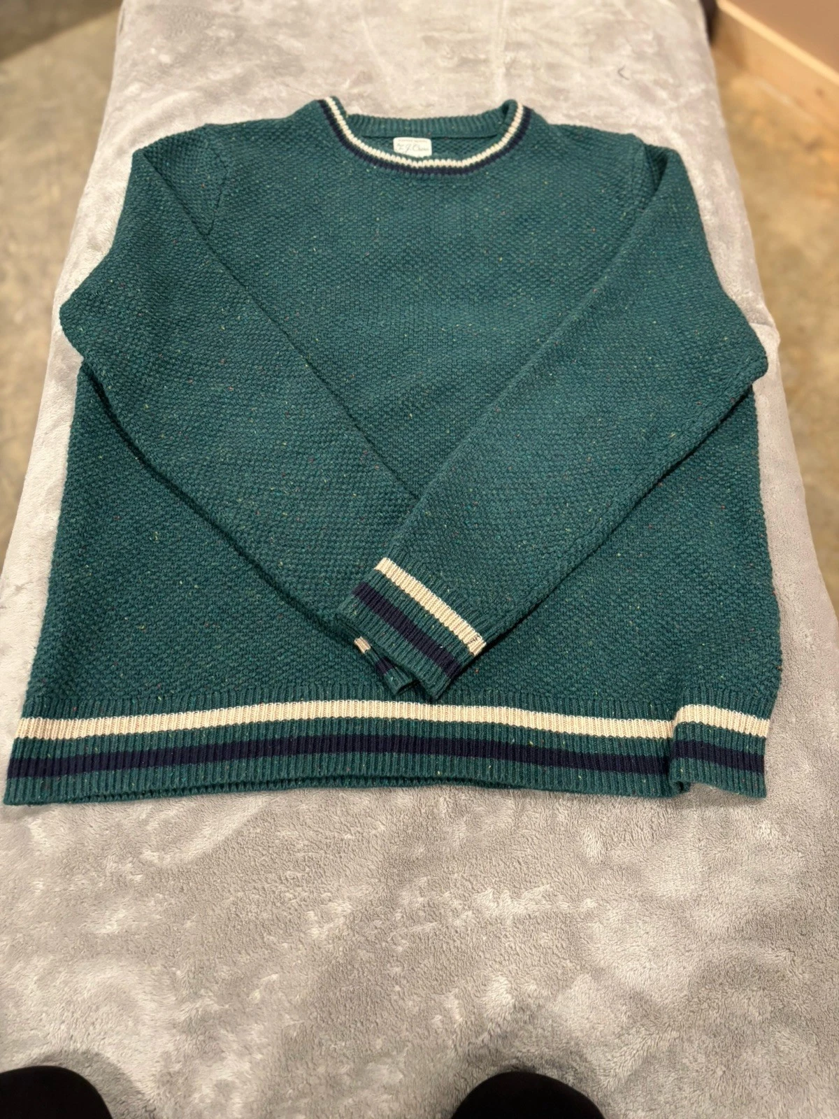 J.crew Rugged Merino Woolen Crew Neck Sweater Green With Striped Hem Size XL