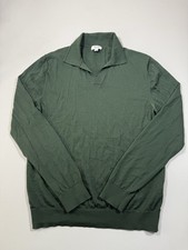 Reiss Sweater Polo Shirt Mens Large Green 100 Merino Wool Open Collar Pullover