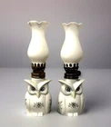 Vintage MCM Porcelain Owl Oil Lamp Miniature Set Of 2 Milk Glass (14E