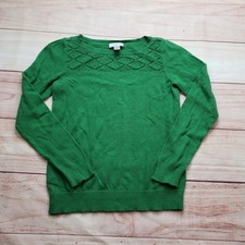 LOFT Crochet Yoke Knit Sweater Womens Small Green Long Sleeve Pullover Ladies