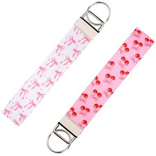 2PCS Pink Bow Keychain Wristlets, Cherry Key Chain Lanyard Strap, Cherry Bow ...