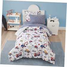 Truck Twin Comforter Set for Boys, 5 Pieces Kids Bedroom Twin 5pcs White Car