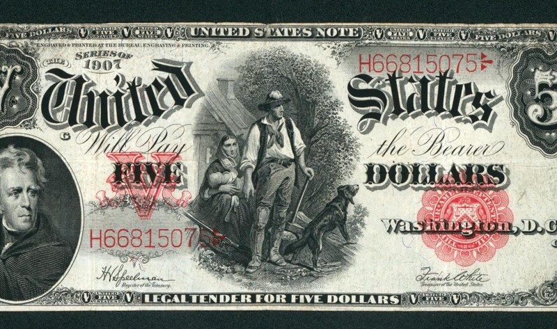 $5 1907 United States Note ** Legal Tender ** Woodchopper ** CURRENCY