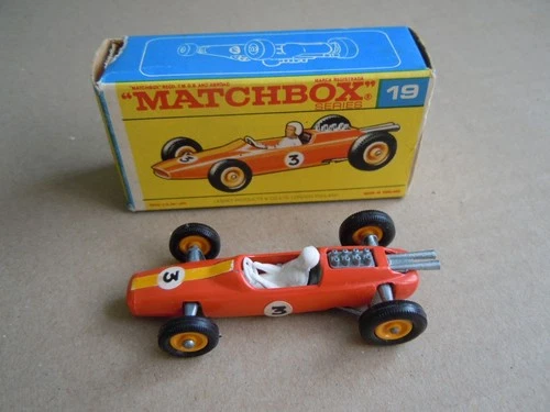 RARE MATCHBOX No. 19 LOTUS RACING CAR - ORANGE WITH CORRECT BOX VG COND. VINTAGE