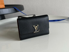 Louis Capucines Black Leather Wallet Gold Logo Trifold Card Holder New