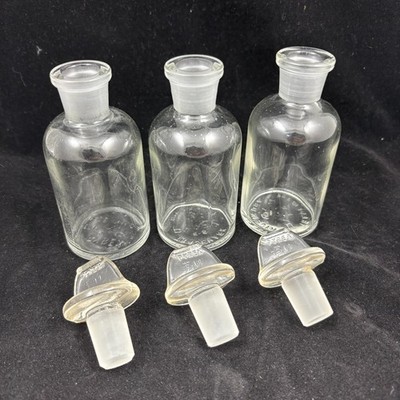 Set of 3 Vintage Apothecary Glass w/Stoppers Chemistry Lab