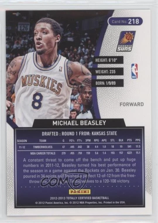 2012-13 Totally Certified Totally Blue /299 Michael Beasley #218 - Image 2 of 2